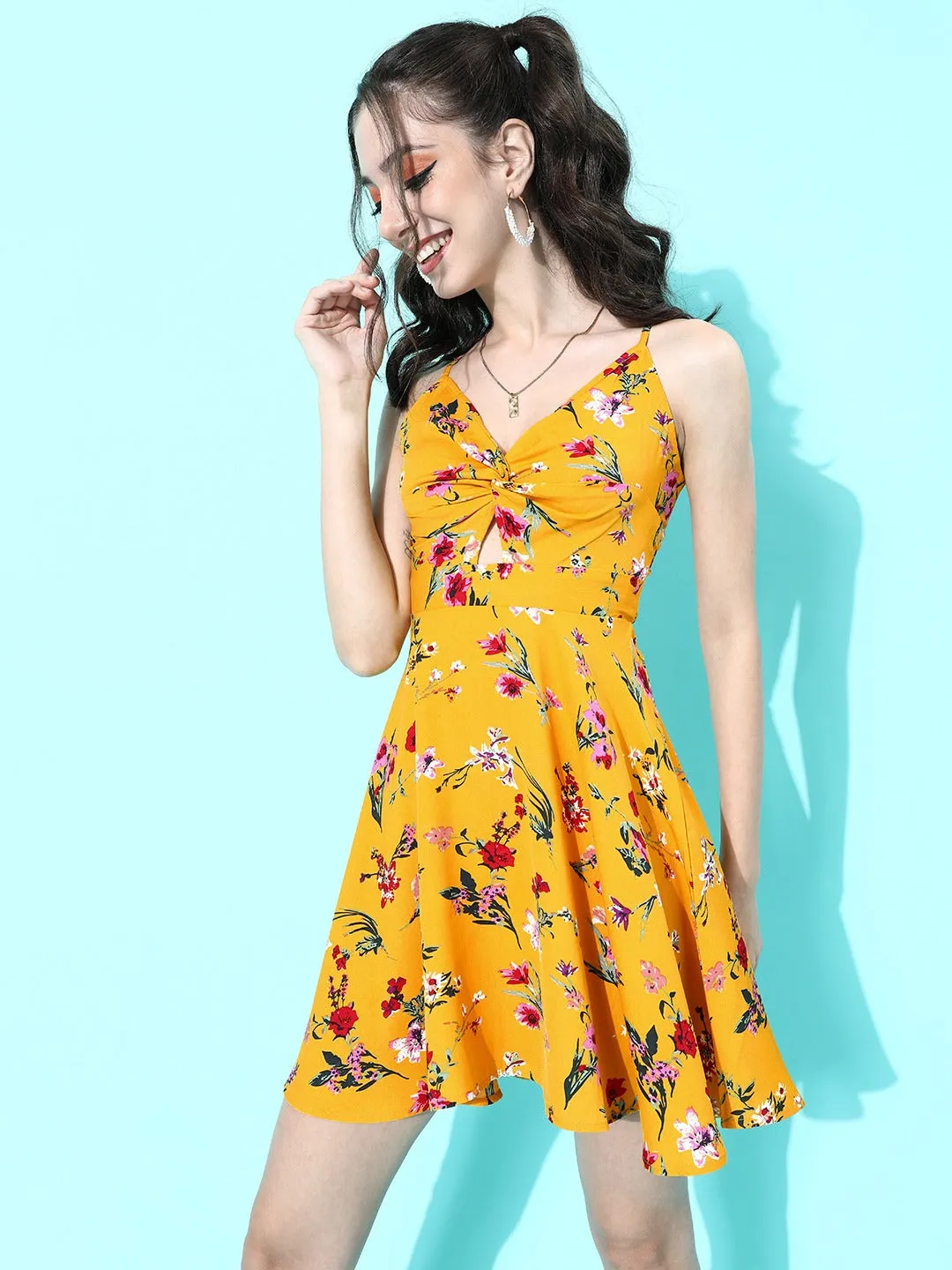 Berrylush Women Bright Yellow Floral Printed Back Tie-Up Fit & Flare Mini Dress