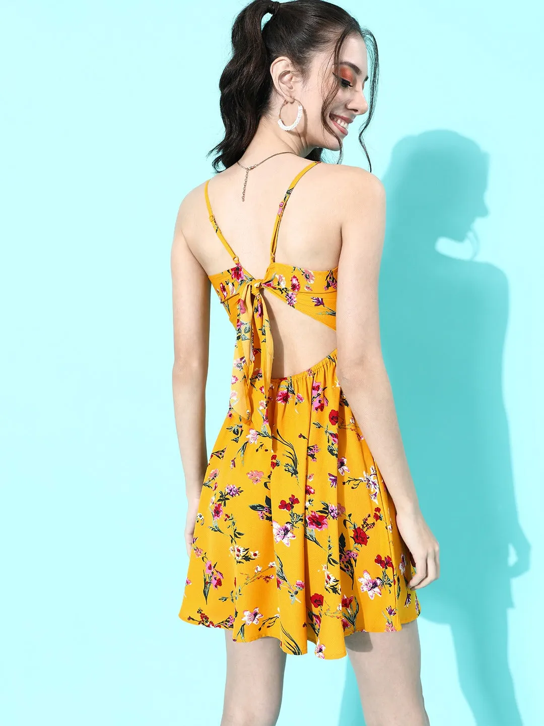 Berrylush Women Bright Yellow Floral Printed Back Tie-Up Fit & Flare Mini Dress