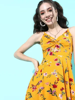 Berrylush Women Bright Yellow Floral Printed Back Tie-Up Fit & Flare Mini Dress