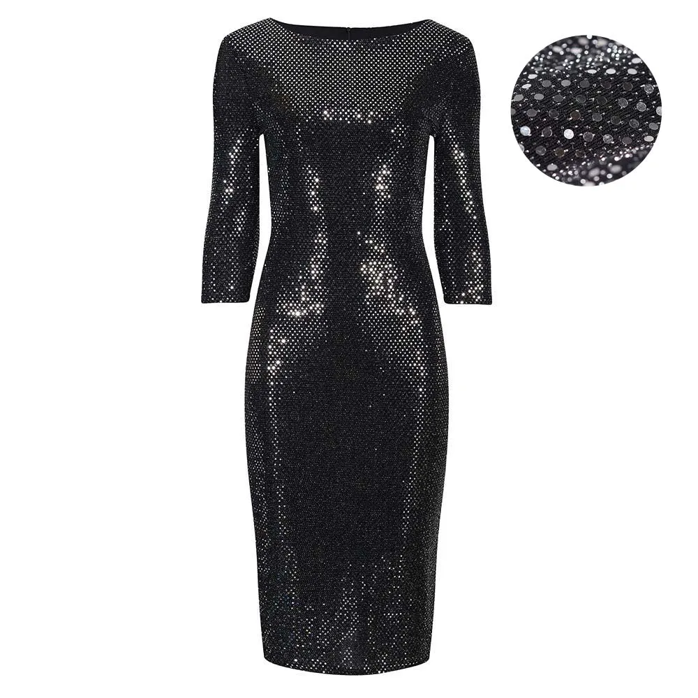 Black And Silver Sequin 3/4 Sleeve Bodycon Pencil Wiggle Party Dress