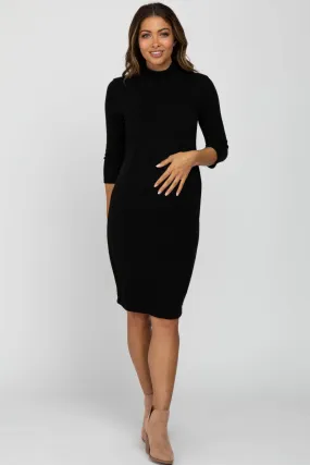 Black Brushed Mock Neck Fitted Maternity Dress