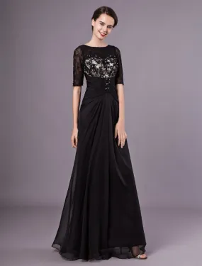 Black Evening Dresses Half Sleeves Lace Beading Chiffon Long Formal Gowns Wedding Guest Dress