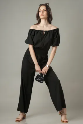 Black Jumpsuit With Smocking Detailing Off Shoulder