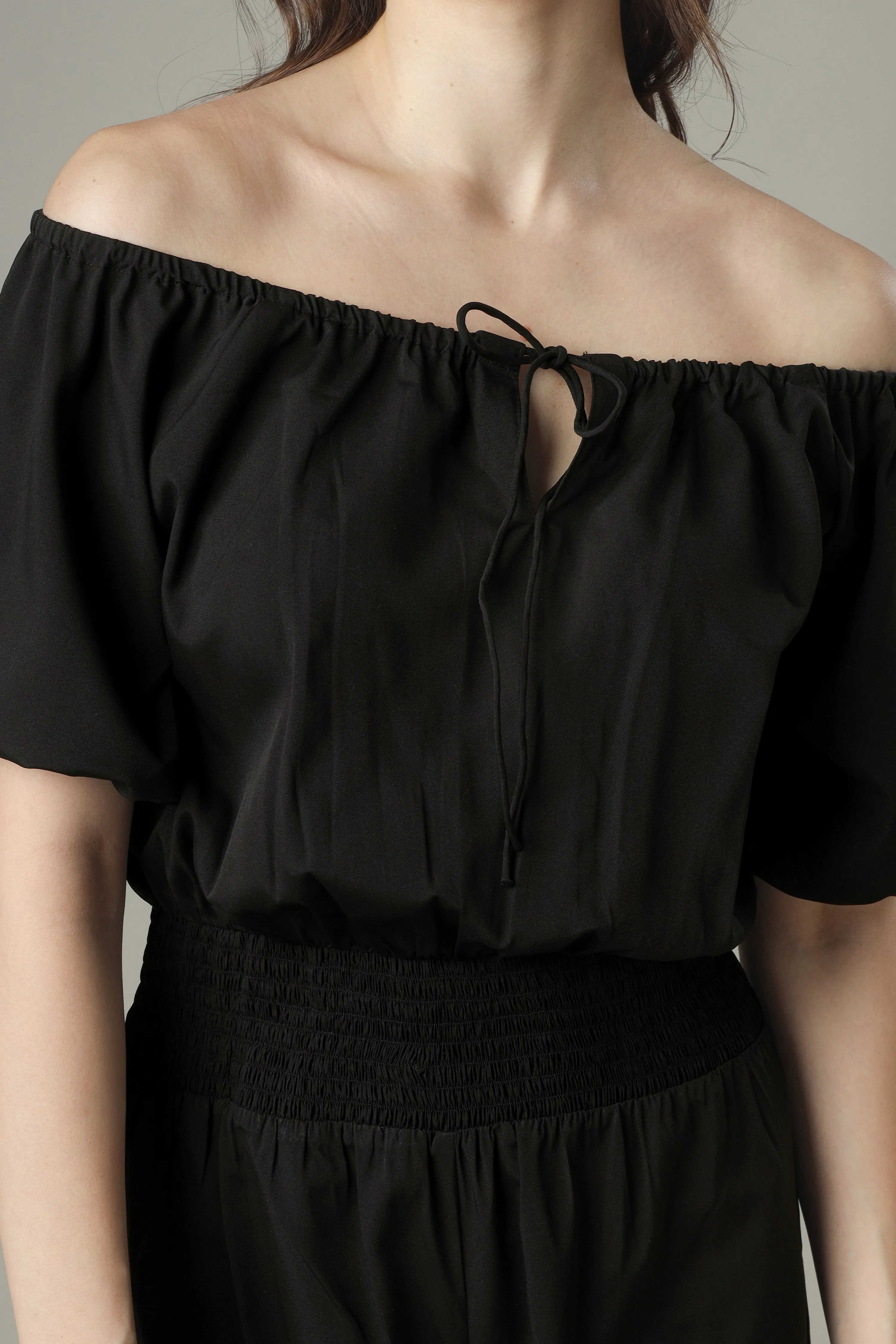 Black Jumpsuit With Smocking Detailing Off Shoulder