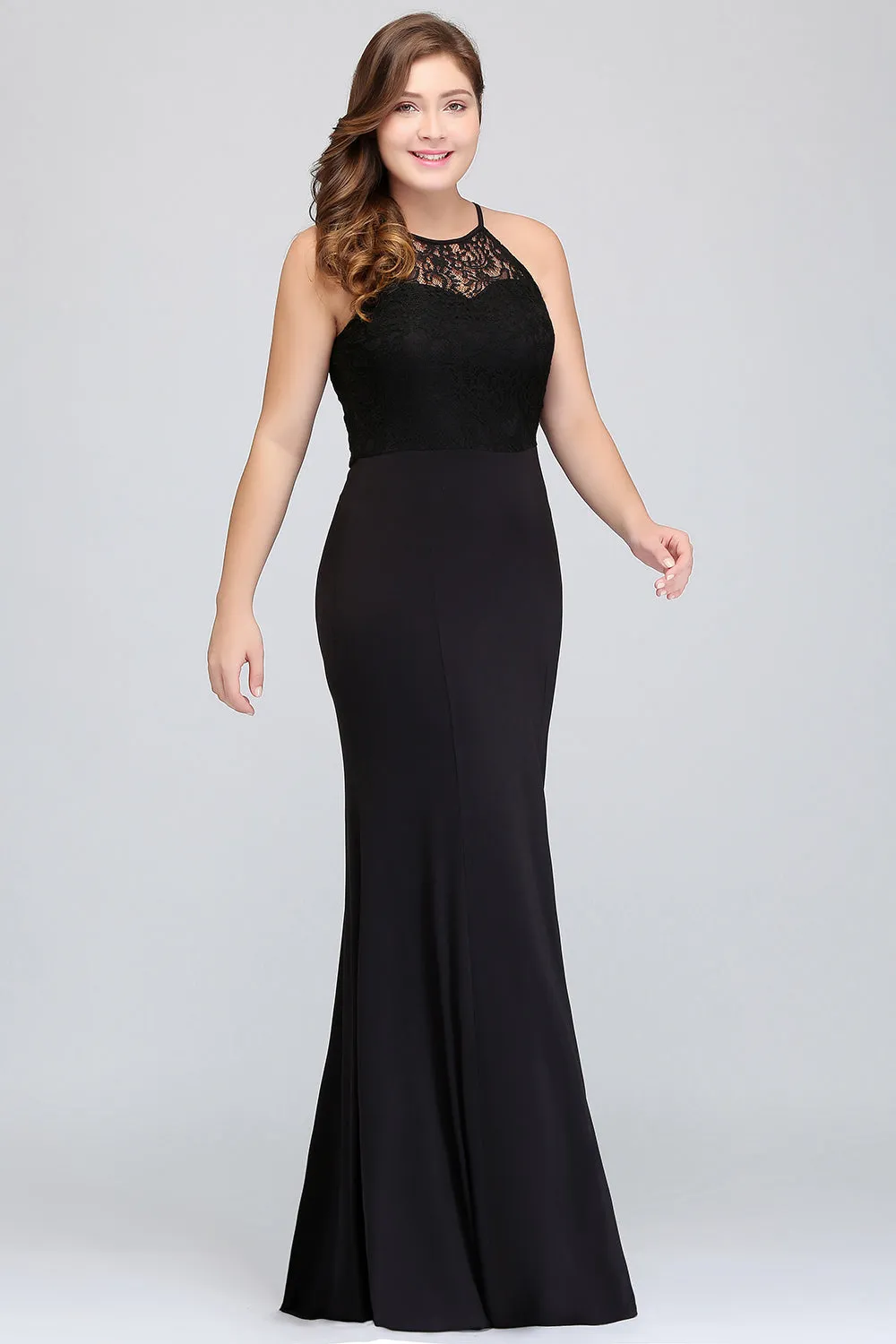 Black Plus Size Long Halter Ruffles Mermaid Bridesmaid Dress