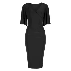 Black Wrap Top Slinky Cocktail Wiggle Dress w/ Butterfly Sleeves