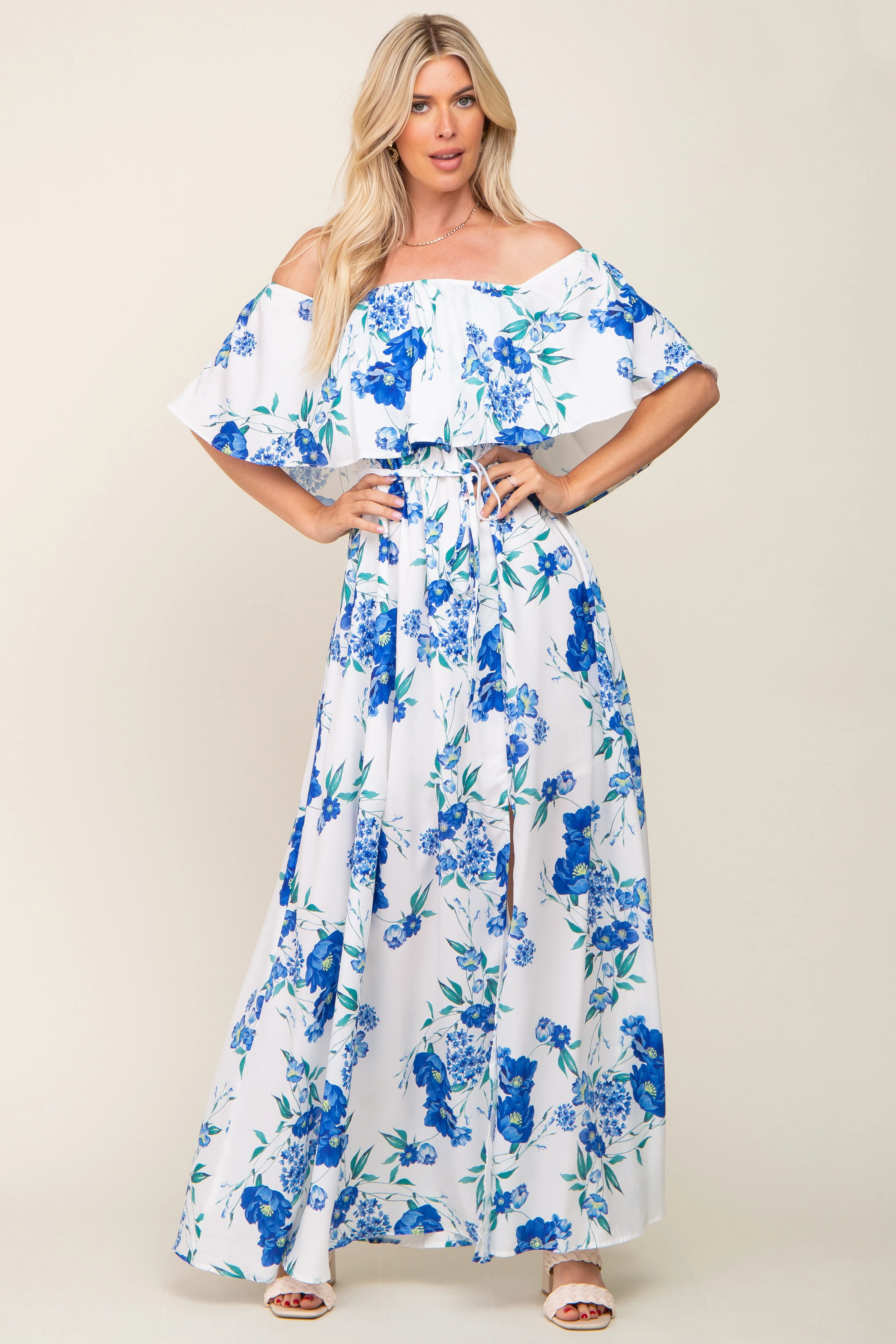 Blue Floral Overlay Off-Shoulder Side Slit Maxi Dress