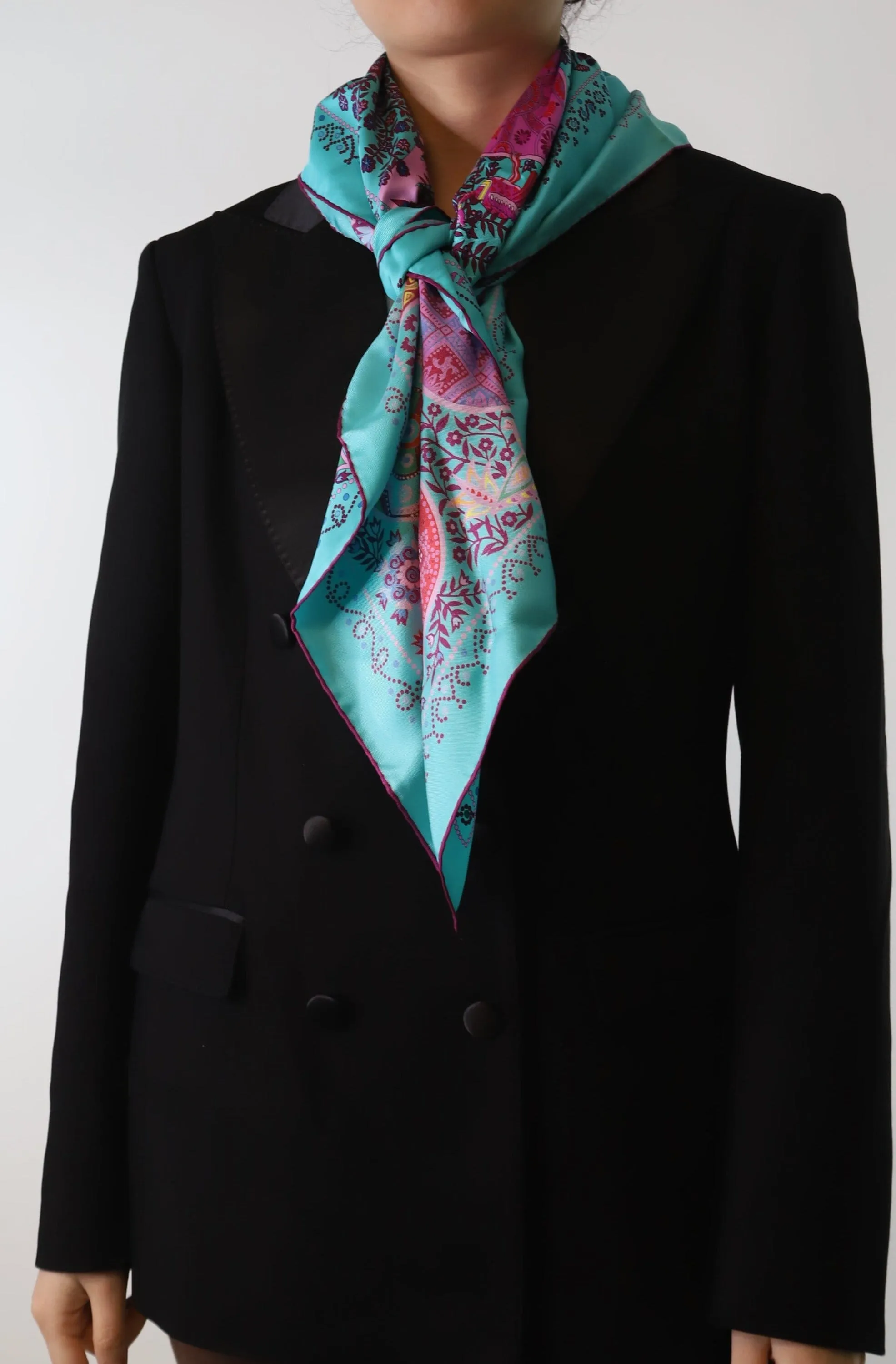 Blue paisely patterned silk scarf