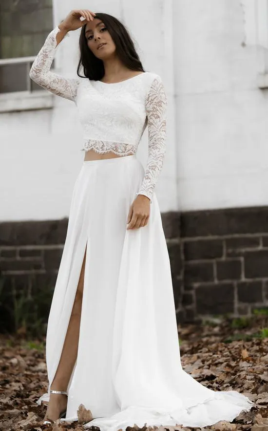 Bohemian Two Piece Bateau Chiffon Lace Long Sleeve Wedding Dress with Split Front-715904