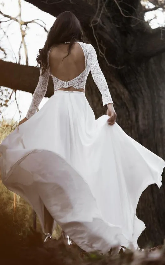 Bohemian Two Piece Bateau Chiffon Lace Long Sleeve Wedding Dress with Split Front-715904