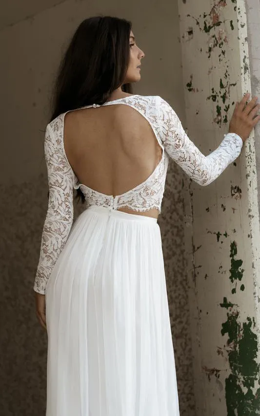 Bohemian Two Piece Bateau Chiffon Lace Long Sleeve Wedding Dress with Split Front-715904