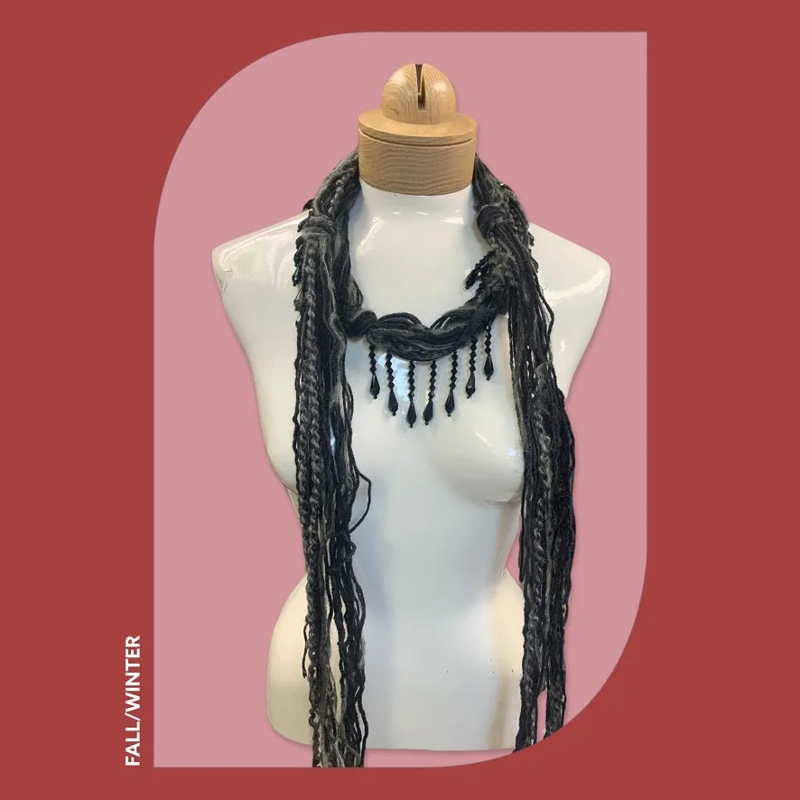 Boho Beaded Lightweight Mohair Scarf Necklace - Black and  Gray