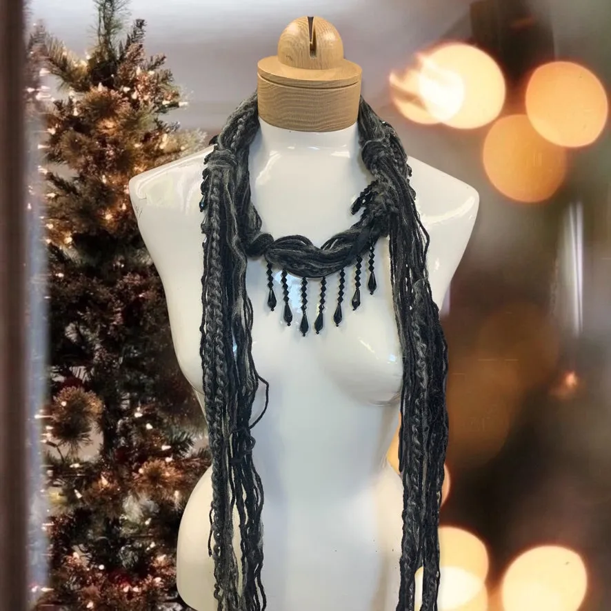 Boho Beaded Lightweight Mohair Scarf Necklace - Black and  Gray