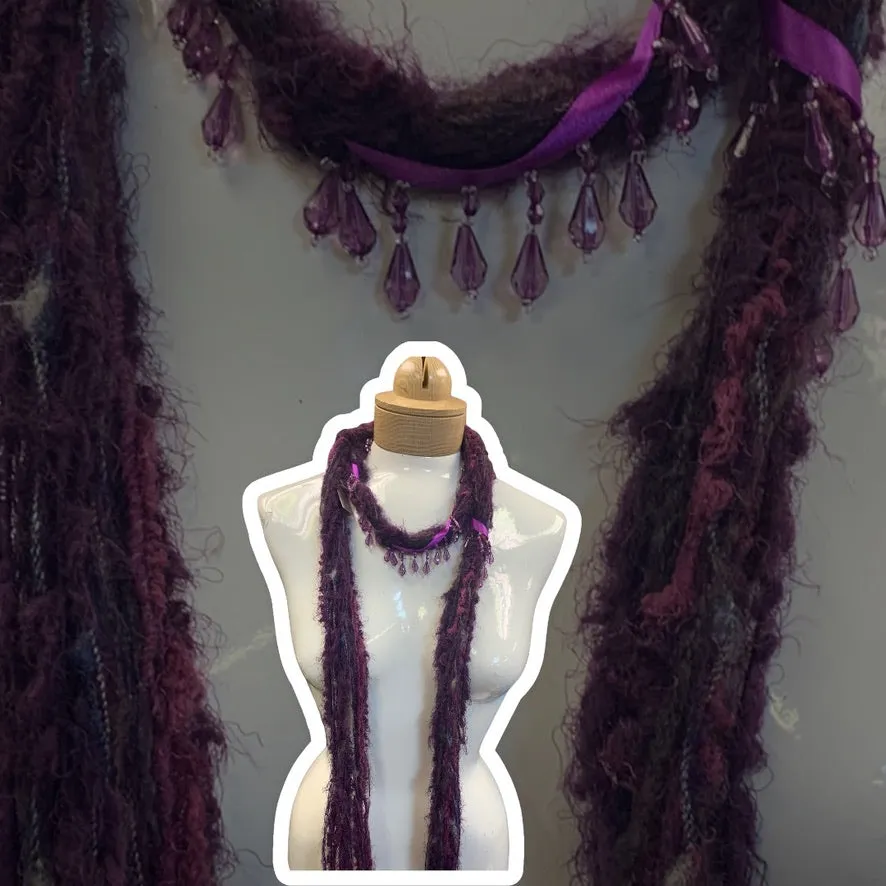 Boho Beaded Lightweight Mohair Scarf Necklace - Dark Purple and Pink w/Purple Beads