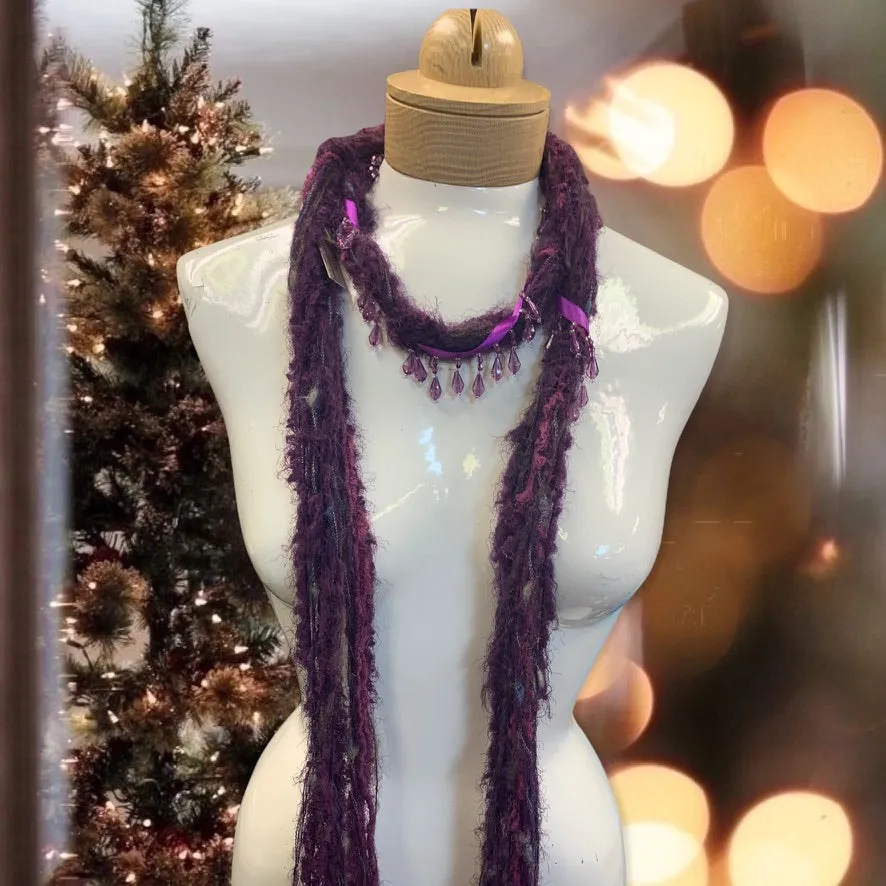 Boho Beaded Lightweight Mohair Scarf Necklace - Dark Purple and Pink w/Purple Beads