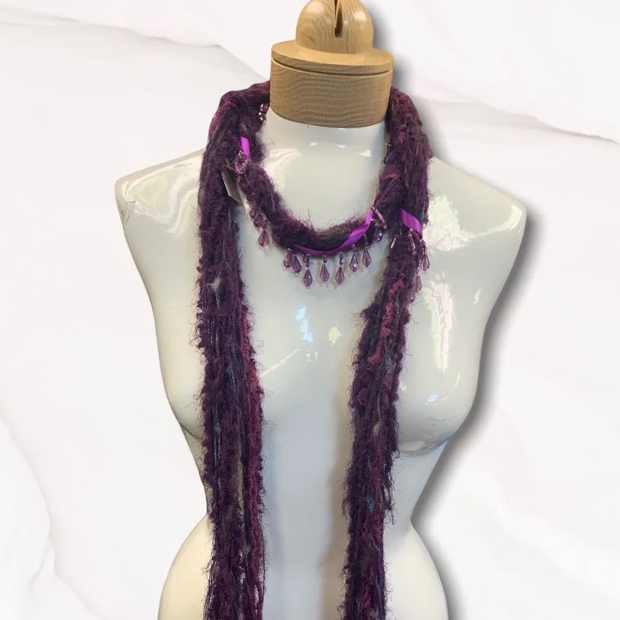 Boho Beaded Lightweight Mohair Scarf Necklace - Dark Purple and Pink w/Purple Beads