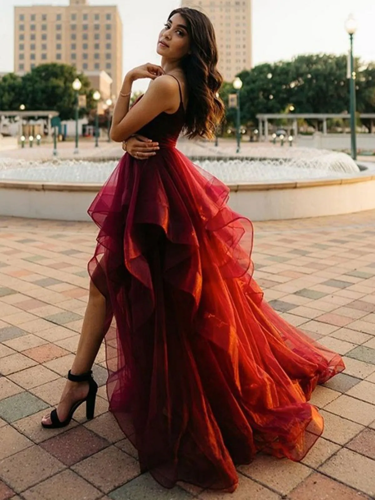 Burgundy High Low A-line Sweetheart Tulle Formal Prom Dresses