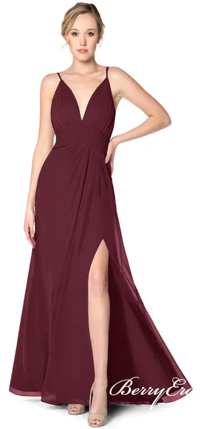 Burgundy Long A-line Chiffon Bridesmaid Dresses