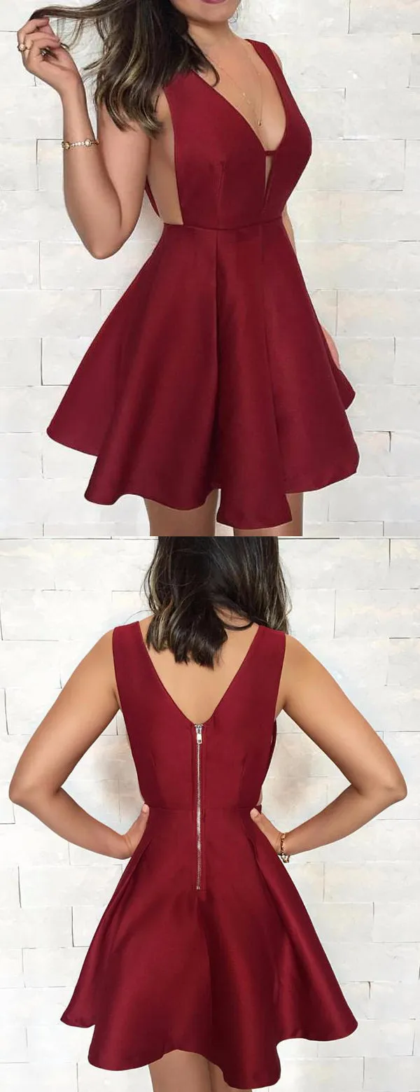 Burgundy Satin V-neck V-back Fashion For Teens Homecoming Dresses,BD0195