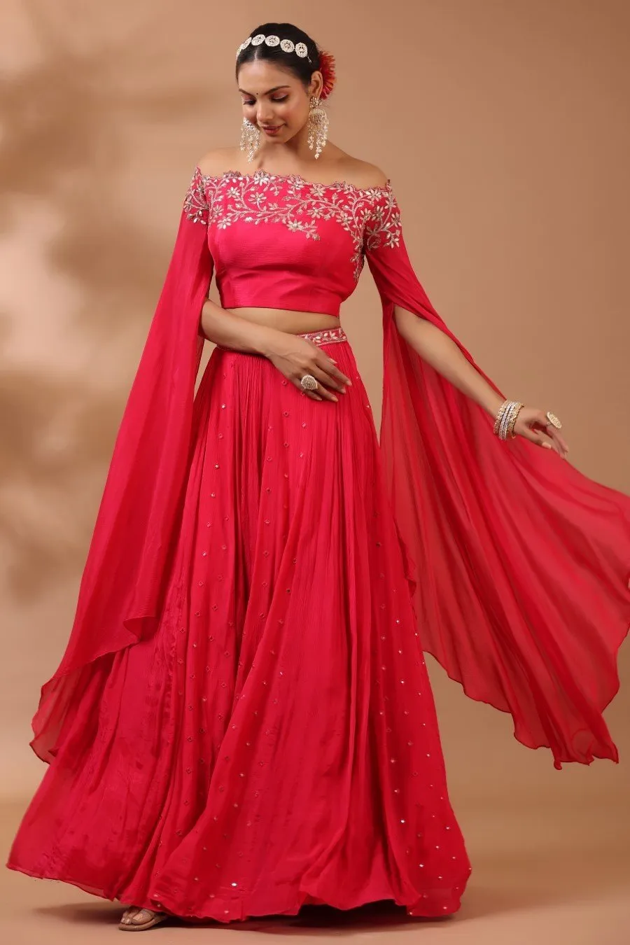 Cerise Pink Embroidered Indo Lehenga Set