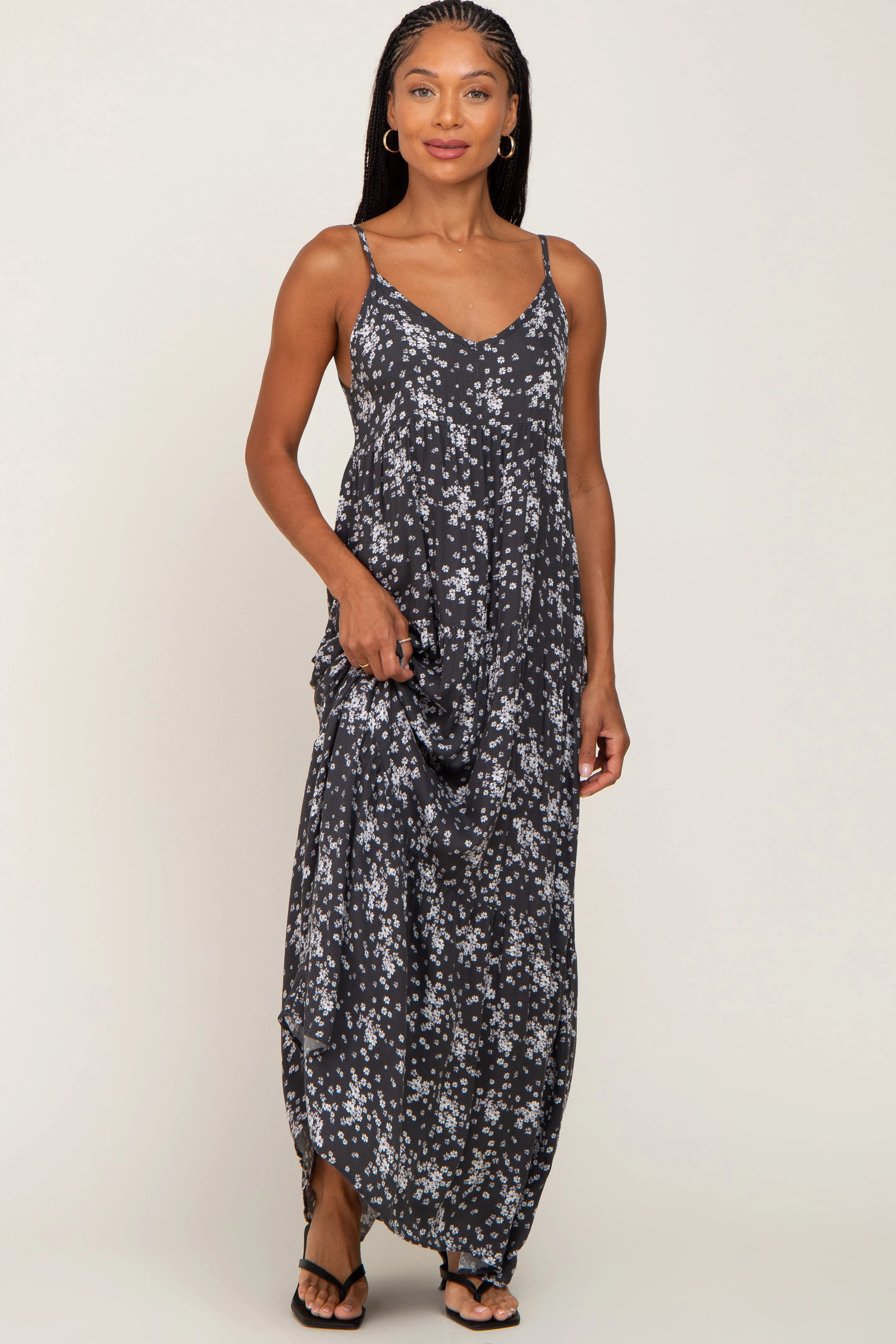 Charcoal Floral Sleeveless Tiered Maxi Dress