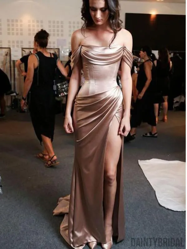 Charming Off-Shoulder Satin Side Slit Long Evening Prom Dresses.DB10057