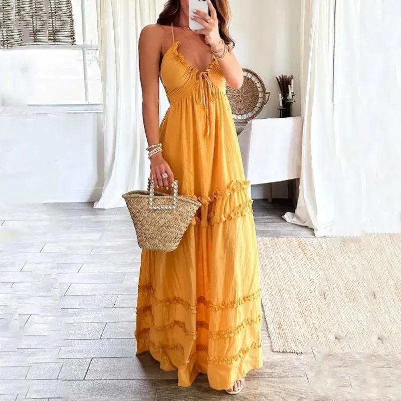 Chest Wrap Halter Ruffles Trim Maxi Boho Dress