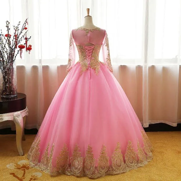 CHIC BALL GOWNS SCOOP PINK TULLE APPLIQUE MODEST LONG PROM DRESS EVENING DRESS ER270