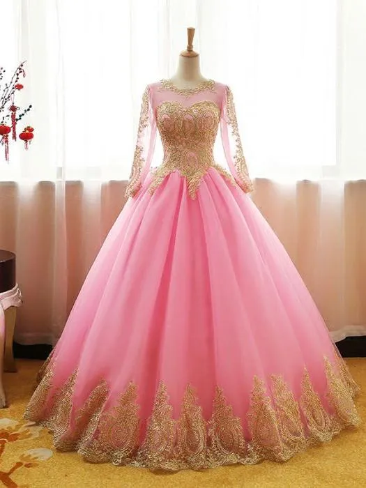 CHIC BALL GOWNS SCOOP PINK TULLE APPLIQUE MODEST LONG PROM DRESS EVENING DRESS ER270