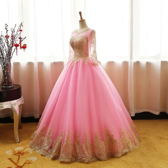 CHIC BALL GOWNS SCOOP PINK TULLE APPLIQUE MODEST LONG PROM DRESS EVENING DRESS ER270