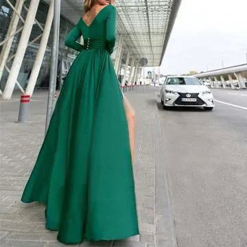 Chic Green Prom Dress V Neck Long Sleeve Prom Dress #ER192