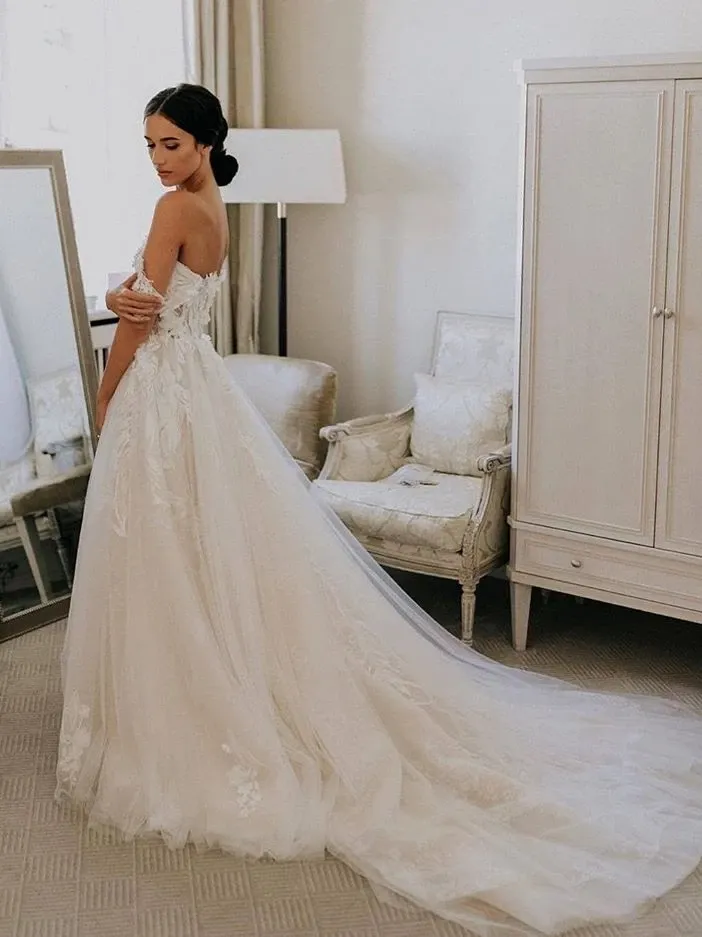 Chic Off The Shoulder Lace Wedding Dress Ivory A Line Beach Wedding Dress ER2065