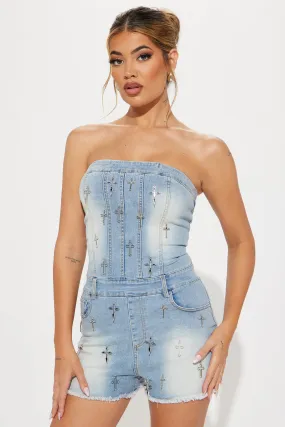 Cross the Line Denim Romper - Light Wash