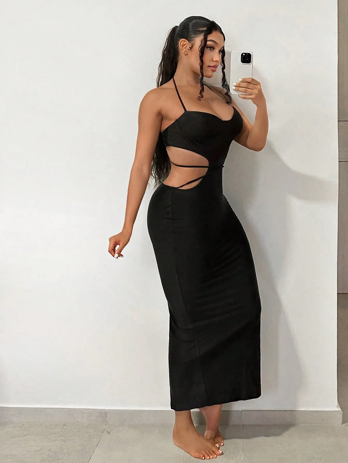 Cut Out Tie Backless Halter Bodycon Dress