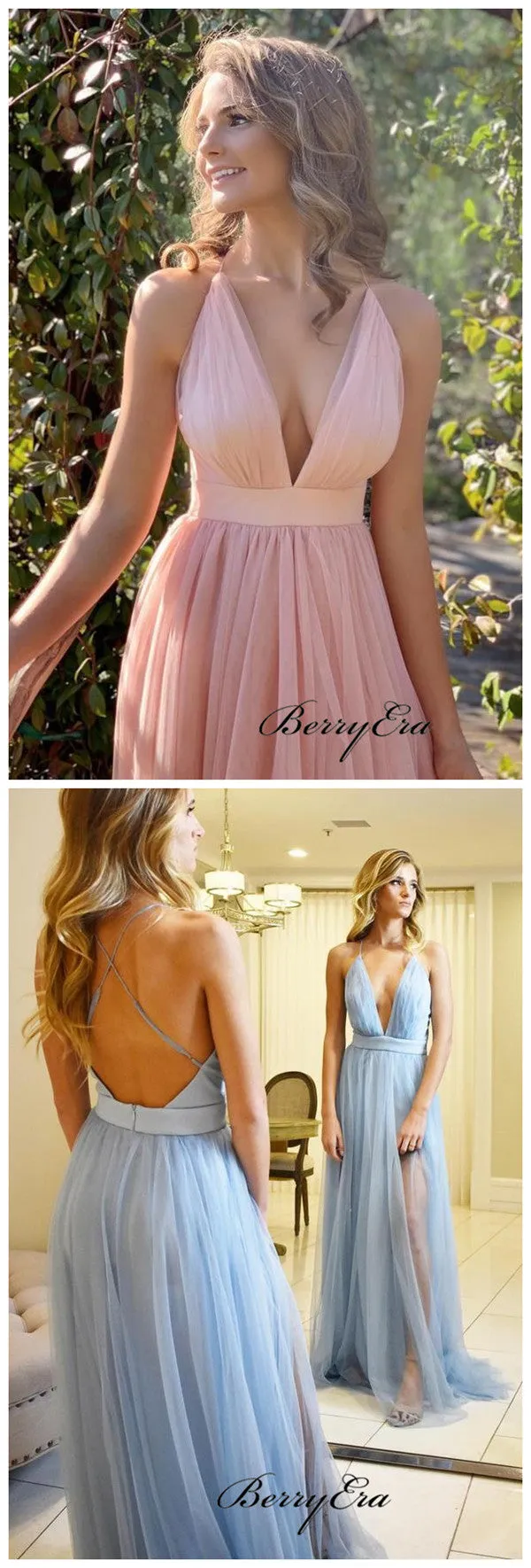 Deep V-neck Bridesmaid Dresses, Open Back Slit Bridesmaid Dresses