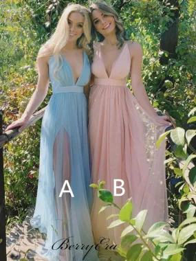 Deep V-neck Bridesmaid Dresses, Open Back Slit Bridesmaid Dresses