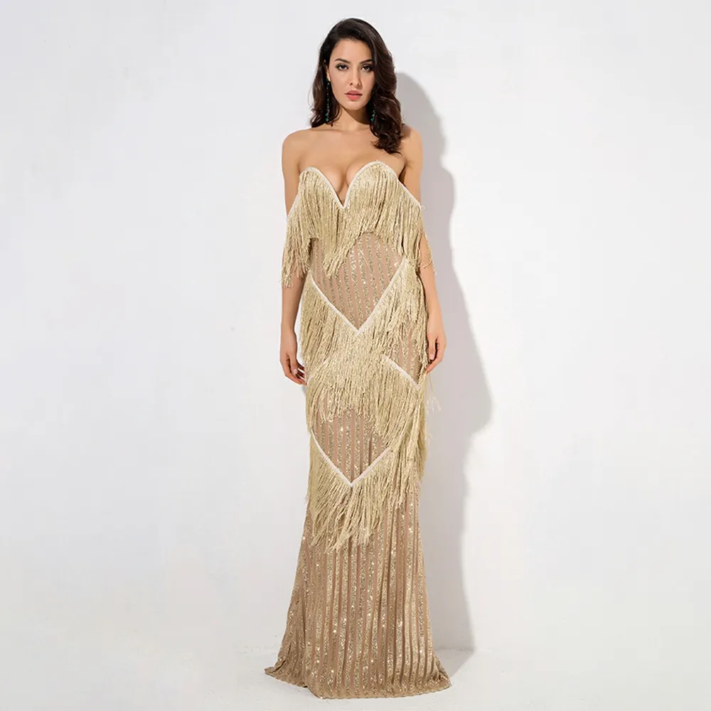 Deep V-Neck Gold Fringed Stripes Maxi Dress