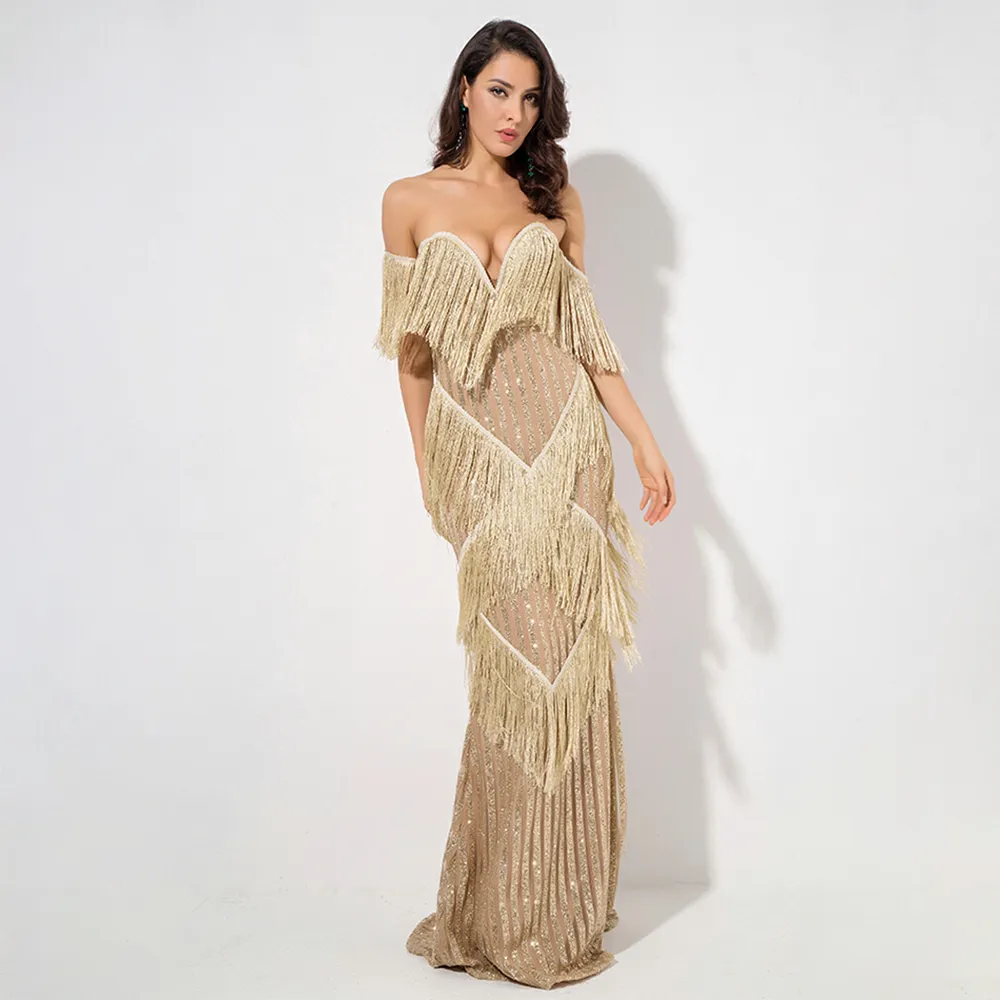 Deep V-Neck Gold Fringed Stripes Maxi Dress