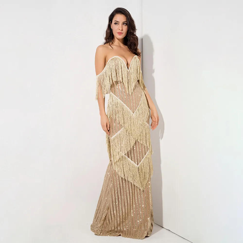 Deep V-Neck Gold Fringed Stripes Maxi Dress