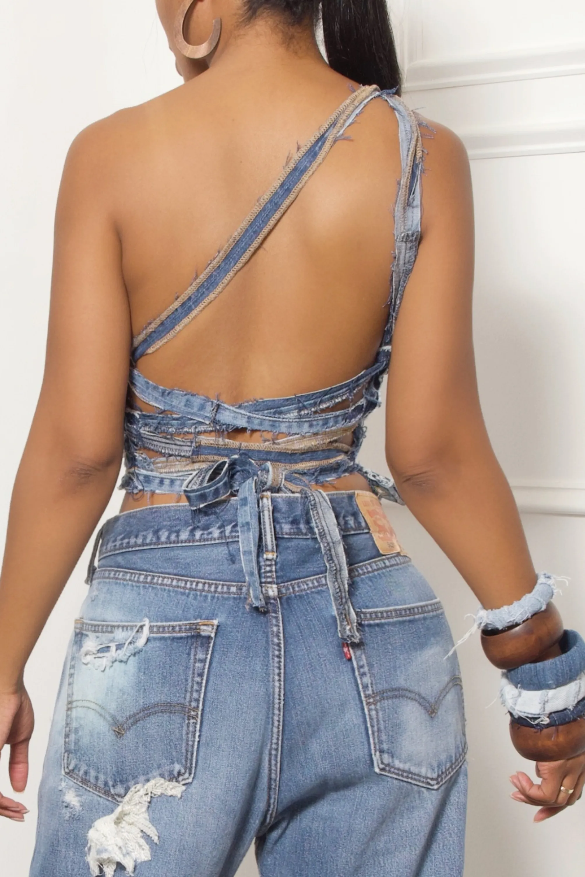 Denim one shoulder criss cross Top