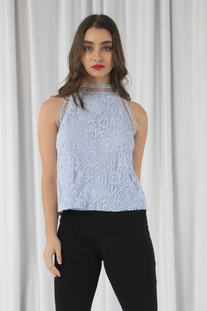 Double Second Blue Halter Neck Lace Top