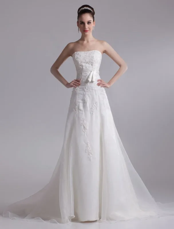 Elegant Ivory A-Line Strapless Rhinestone Tulle Bridal Wedding Dress