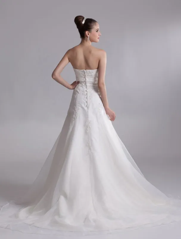 Elegant Ivory A-Line Strapless Rhinestone Tulle Bridal Wedding Dress