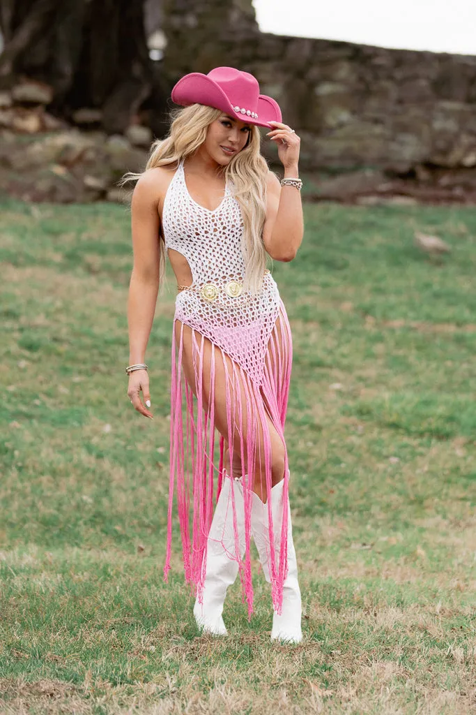 Enna Crochet Fringe Dress - Pink Ombre