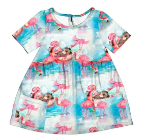 Flamingo Koala Short Sleeve Pocket Dress