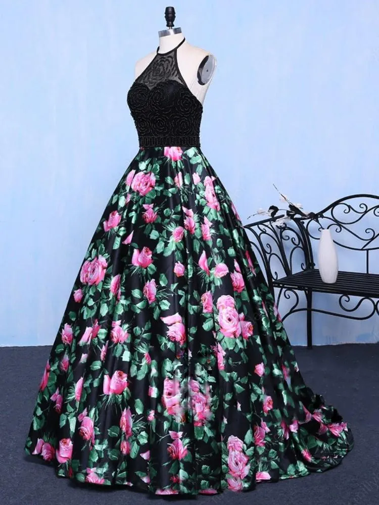 Floral Black Prom Dress Modest Beautiful  Cheap Long Prom Dress #ER170