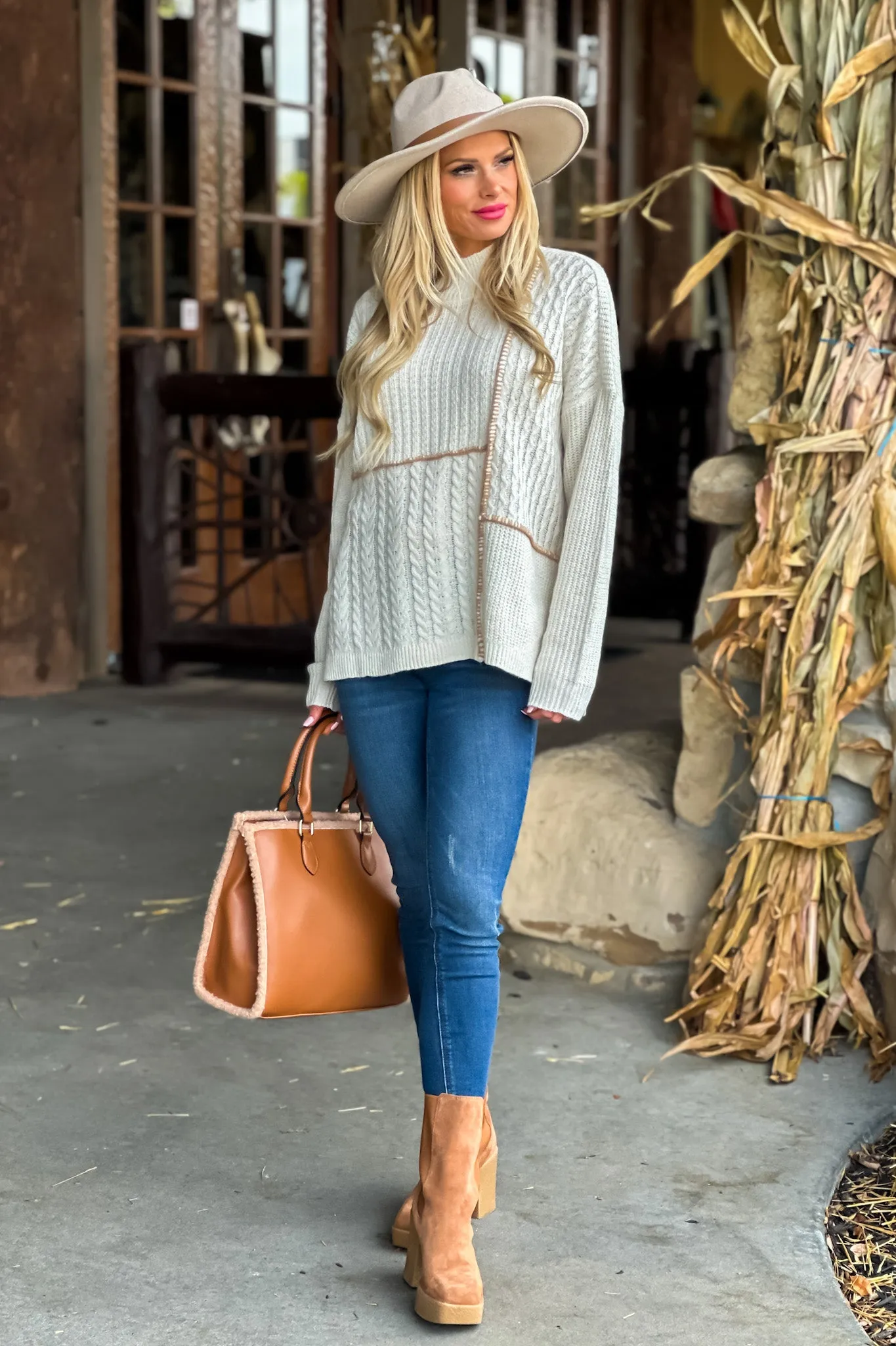 Flurry Weather Cable Block Mock Neck Sweater : Ivory/Camel