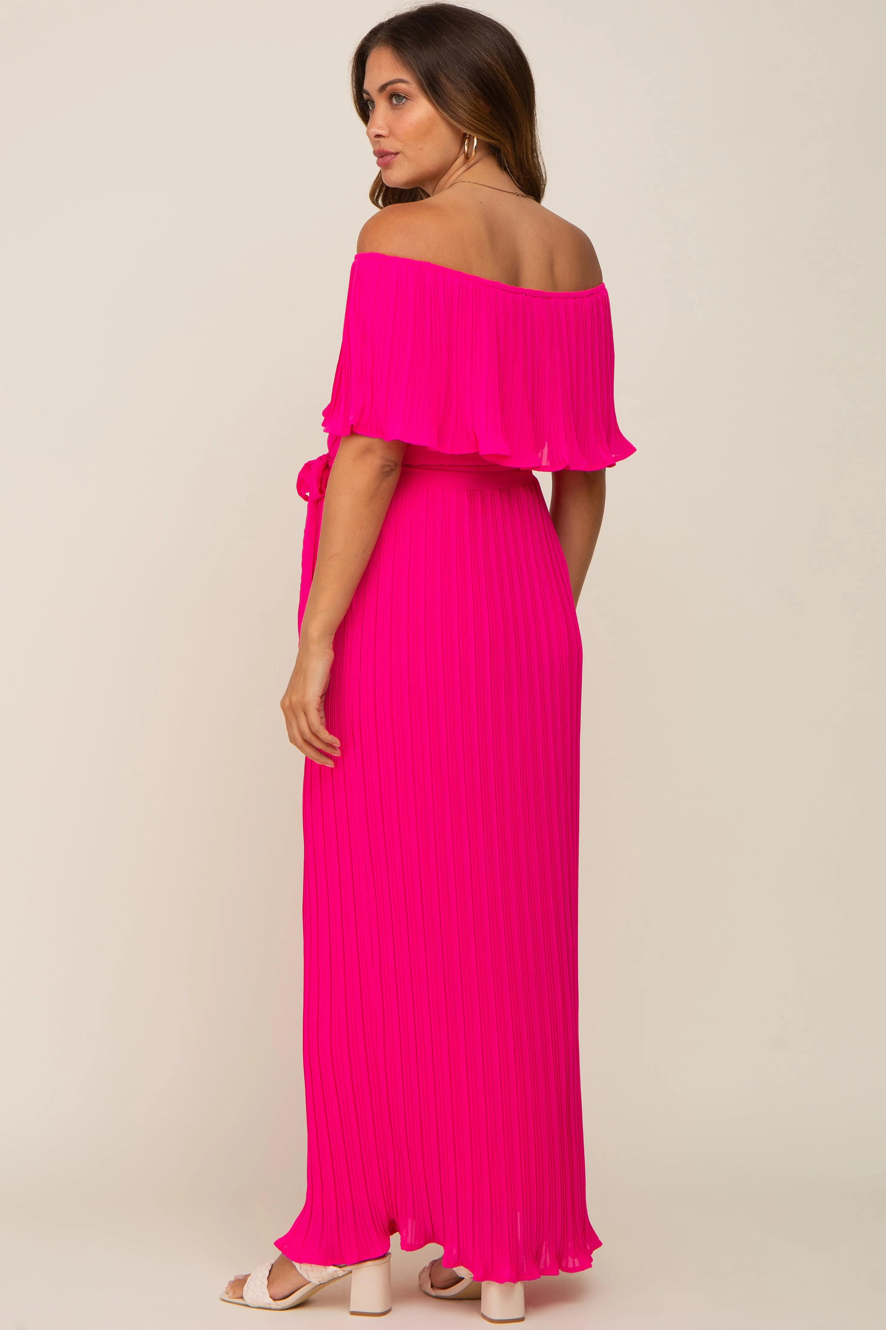 Fuchsia Pleated Off Shoulder Maternity Maxi Dress