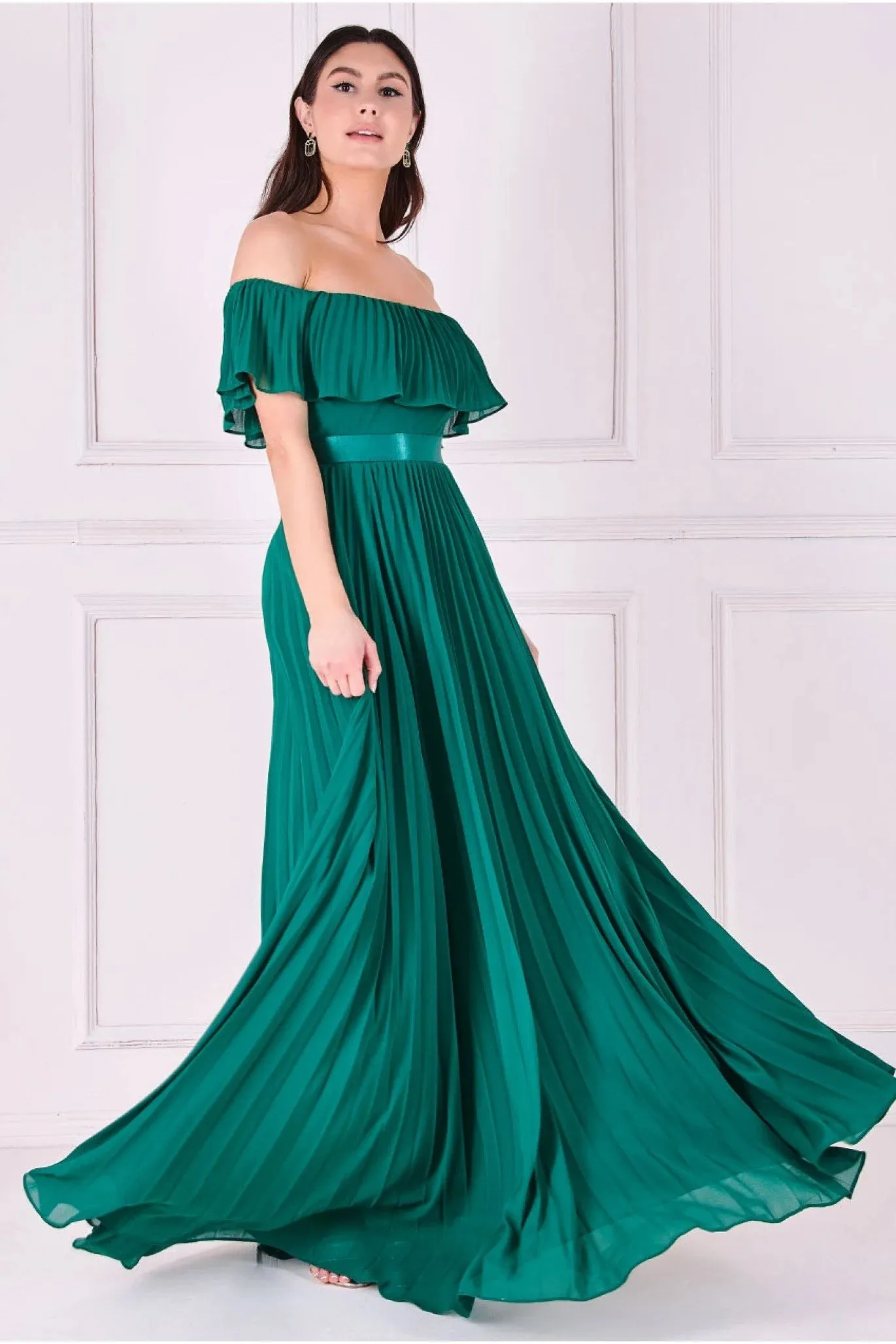 Goddiva Pleated Chiffon Off Shoulder Maxi Dress