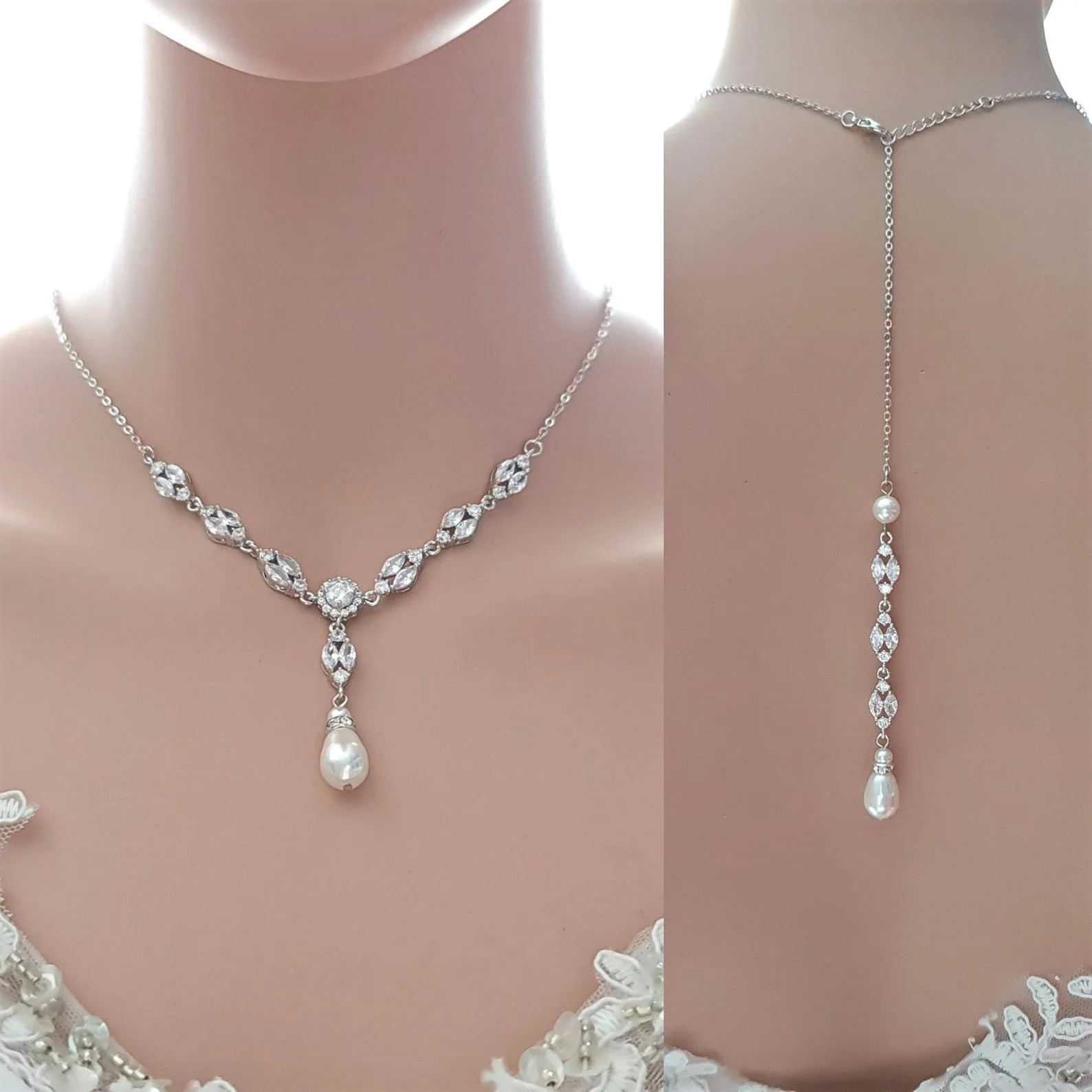 Gold Wedding Necklace With Backdrop in Pearls and Crystals-Hayley